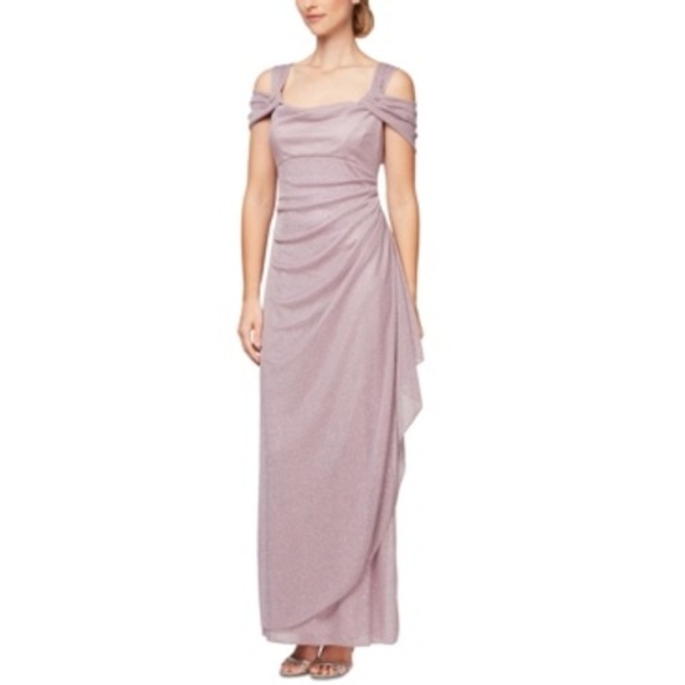 Alex Evenings Petite Cold-Shoulder Draped Metallic Gown - Mauve Pink Size‎ 16